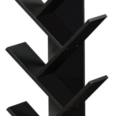 8 Tier Tree Bookshelf with Drawer, Free Standing Wood Bookcase for Living Room, Bedroom, Home Office, Space Saving Storage Organizer Bookshelves for Books, CDs, Vinyl Records- Black