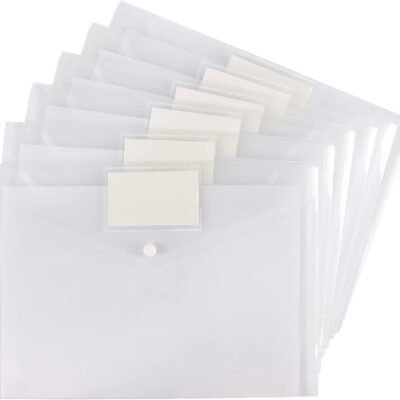 6 Pack Clear Document Folders Plastic Envelopes Poly Envelopes File Envelopes with Label Pocket and Snap Button for Home Work Office Organization,  Size/A4 Size, White