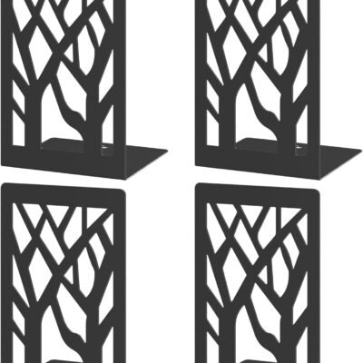 4-Piece Modern Metal Bookends for Shelves, Black Tree Book Ends for Books, Decorative Book Organizer for Desk, Non-Skid Shelve Bookends for Home Office