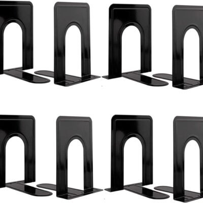 Metal Book Ends for Shelves, Book Shelf Holder Home Decorative, Book Ends for Heavy Books/Movies/CDs, Black 6.5 x 5 x 5.7 in, 4 Pair/ 8 Piece