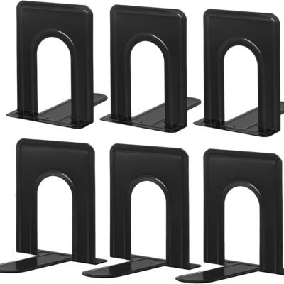 Book Ends, Metal Bookends for Shelves, Non-Skid Book End to Hold Books, Black Book Stopper/Holder for Office Home Kitchen, 5.7X 4.9 X 6.5 in, 3 Pair(6 Pcs, Large)