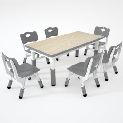 Kids Table and 6 Chairs Set，Height Adjustable Children Table & Chair，Toddlers Study Multi-Activity Table with 47.2"x23.6" Wipe-Clean Desktop，for Classrooms, Homes & Daycares