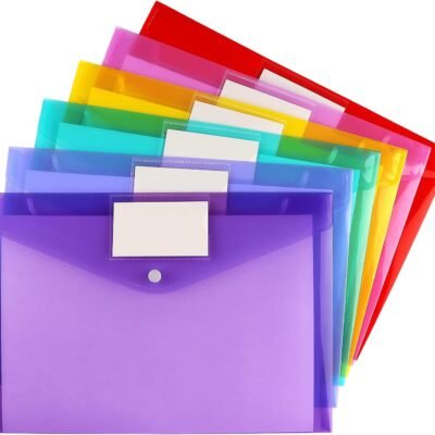 6 Pack Clear Document Folders Plastic Envelopes Poly Envelopes File Envelopes with Label Pocket and Snap Button for Home Work Office Organization,  Size/A4 Size, 6 Colors