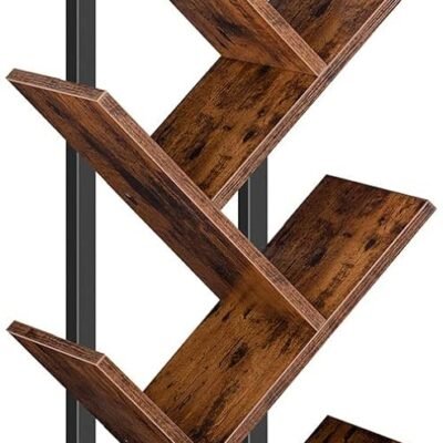 Tree Bookshelf, 9-Tier Bookcase Wooden Shelves, Floor Standing Storage Rack, for Display of CDs, Books in Living Room, Home Office, Wood Storage Rack for Bedroom, Rustic Brown