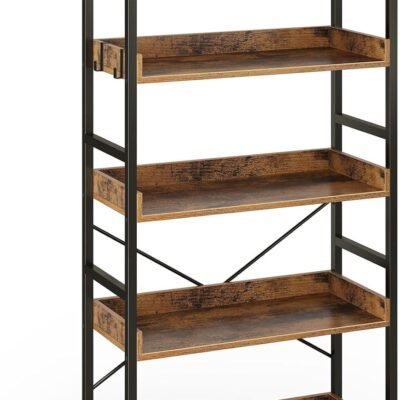 Bookshelf 5 Tier with 4 Hooks, Industrial Wood Bookcase, Vintage Storage Rack with Open Shelves, Rustic Standing Bookshelves Display Rack for Living Room, Bedroom, Rustic Brown