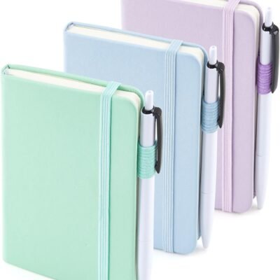 3 Pack Pocket Small Notebook Journals, Mini Cute Hardcover College Ruled Notepad Women Office Supplies, with 3 Black Pens, 3.5”x 5.5”, A6, Pastel Colors, Light Blue, Light rple, Light Green