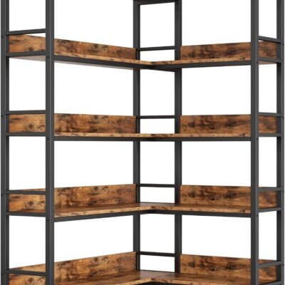 Corner Shelf 5 Tiers 70LB Capacity L-Shaped Bookshelf with Baffles and Metal Frame for Home Office Living Room Kitchen Storage and Display