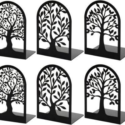 Book Ends, Metal Bookends for Shelves Decorative, Tree Stopper for Heavy Books, Black Ends to Hold Books for Home Office, 6.5 X 4.7 X 3.5 Inch(3 Pairs/6 Pcs, Large)