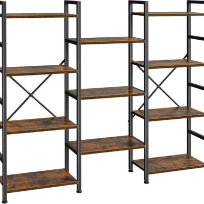 Triple Bookshelf, Bookcase with 11 Open Display Shelves, Wide Book Shelf Book Case for Home & Office, 4 Tier, Brown
