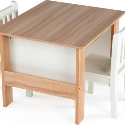 Kids Wood Table and 2 Chairs Set with Built-In Book Storage, Natural/White, Study and Activity Table for Toddlers Ages 3-8, Easy Assembly, Durable Wooden Furniture