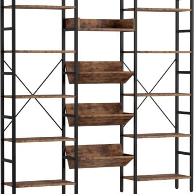 Bookshelf, Bookshelves and Bookcases, Triple Wide 5 Tiers Book Shelf with Baffles, Industrial Bookshelf with Metal Frame for Living Room, Home Office