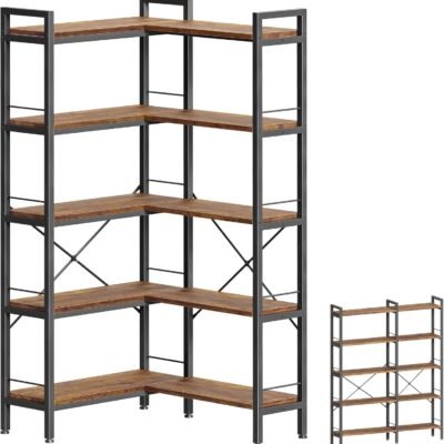 5 Tier Bookshelf, L Shaped Corner Bookshelf with 10 Open Shelves, 49.4 Inch Straight Wide Bookcase with Metal Frame and Wooden Board, Adjustable Feet, Rustic Brown