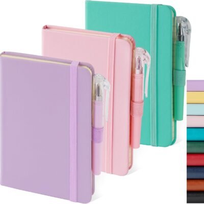3 Pack Small Notebook Pocket Journals for Women, 3.7" x 5.7" A6 Mini Pocket Size Journal Notebook with Pen, Cute Notebook Pocket Diary for Writing Work, Hardcover Leather Cover, Pink, rple, Green
