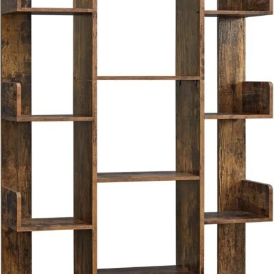 Bookshelf, Tree-Shaped Bookcase with 13 Storage Shelves, Rounded Corners, 9.8”D x 33.9”W x 55.1”H, Rustic Brown