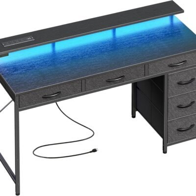 Gaming Desk with 6 Drawers, Comter Desk with LED Lights Power Outlets and Type-C, 47 Inch Office Desk with Storage, Monitor Stand, Writing Desk Work Desk Home Office, Bedroom, Study, Black