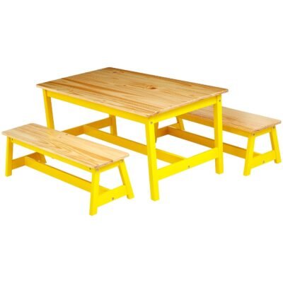 Indoor Kids Picnic Table and Bench Set, Natural Solid Pine Wood, Activity Table for Art, Craft, Reading, Learning