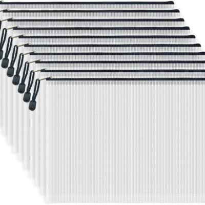 10 Pcs Zipper File Bags, Waterproof Plastic Mesh Pouch for Office School, Board Game Storage Bags (A4 Size 13.4''x9.4'', White and Black)