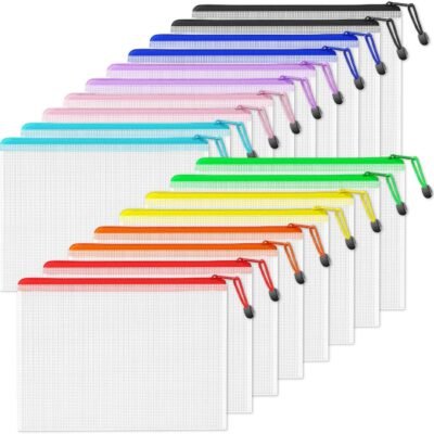 Plastic Mesh Zipper Pouch 9.2x12.5 in (9 Colors, 18 Packs),Extra Large Water-Resistant Zip Bag for School Office Supplies, Puzzles & Games Organizing Storage