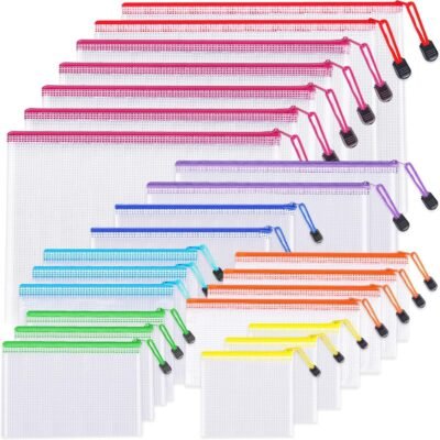 24pcs Mesh Zipper Pouch Bags - 8 Sizes Plastic Zipper Pouches for Organization, Mesh Bags with Zipper, Waterproof Clear Travel Pouches,  File Bag with Zipper for Office Supplies