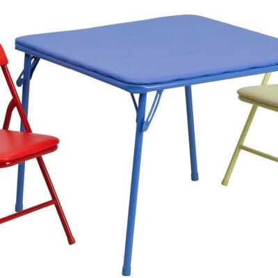 Kids 3-Piece Folding Square Table and Chairs Set for Daycare and Classrooms, Children's Activity Table/Chairs Set, Multicolor